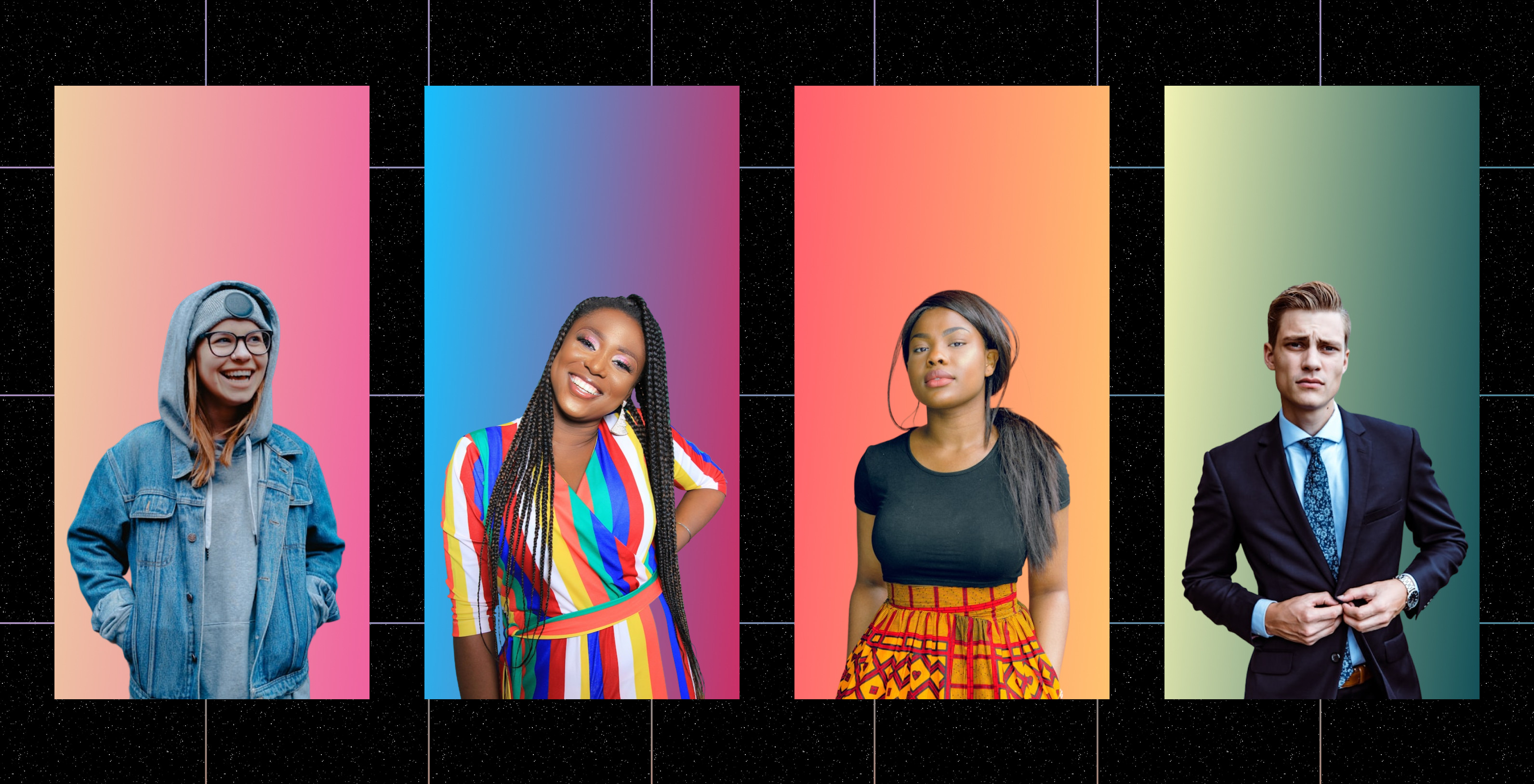 Portrait images of 4 people on colorful backgrounds